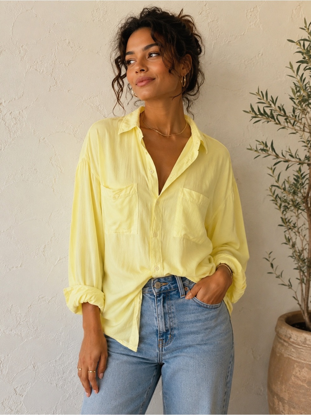 Tianello Tencel Boyfriend Butter Yellow Shirt-Big Shirt Size M